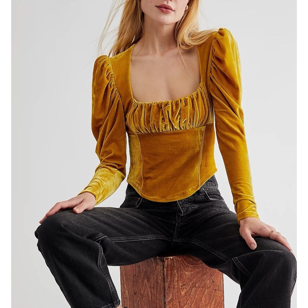Free People Hold Me Square Neck Mustard Yellow‎ Velvet Blouse Top Size S